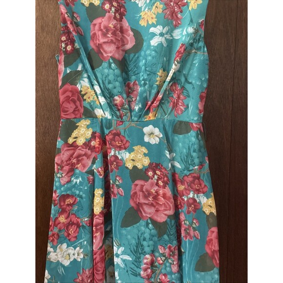 Evan Picone Lined Side Zip Dress Floral Teal Pockets Gathered Waist Size 14 - Picture 8 of 10